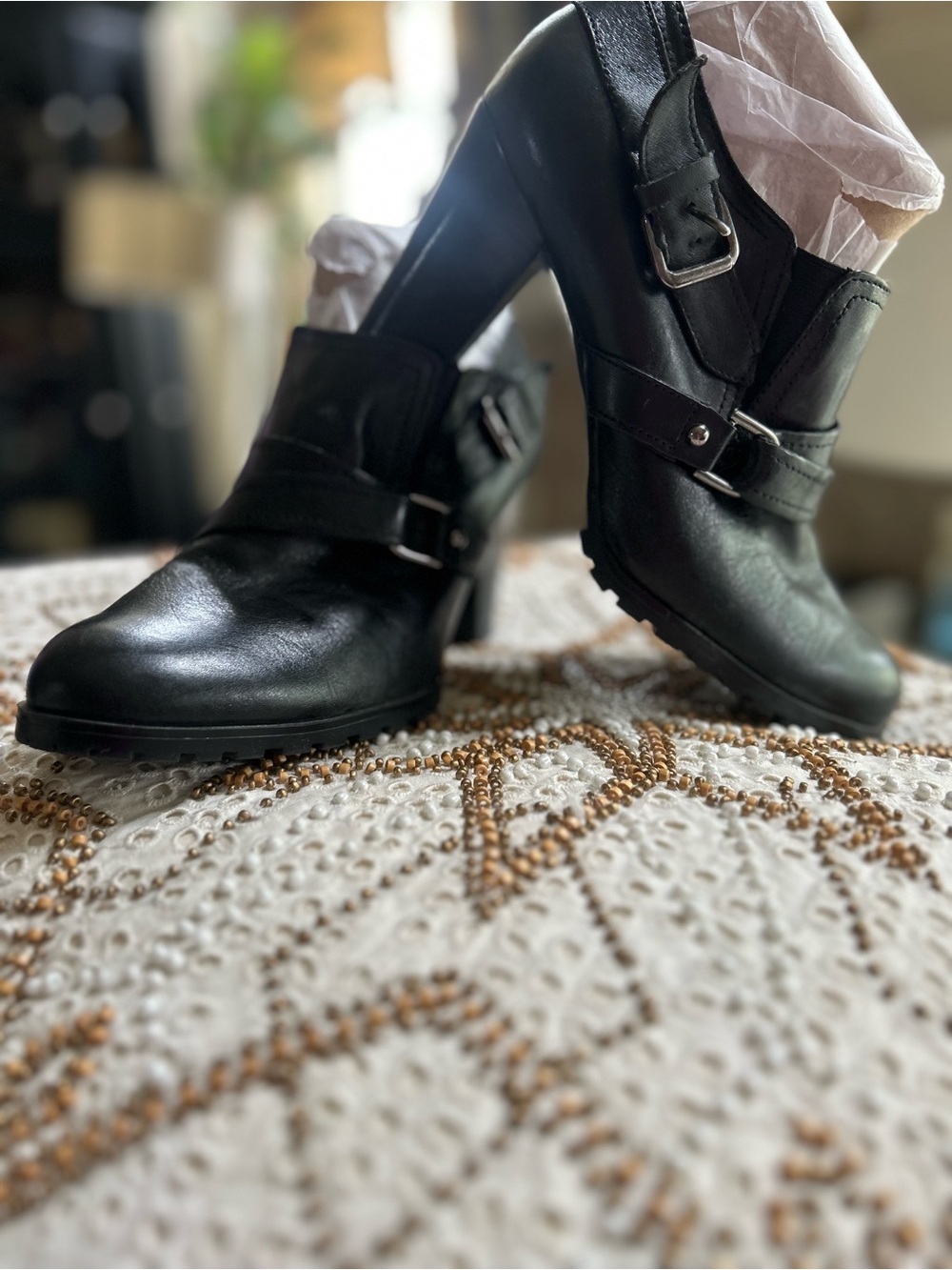 Audrey Brooke Black Leather Ankle Boots with Buckle Detail size 8.5.